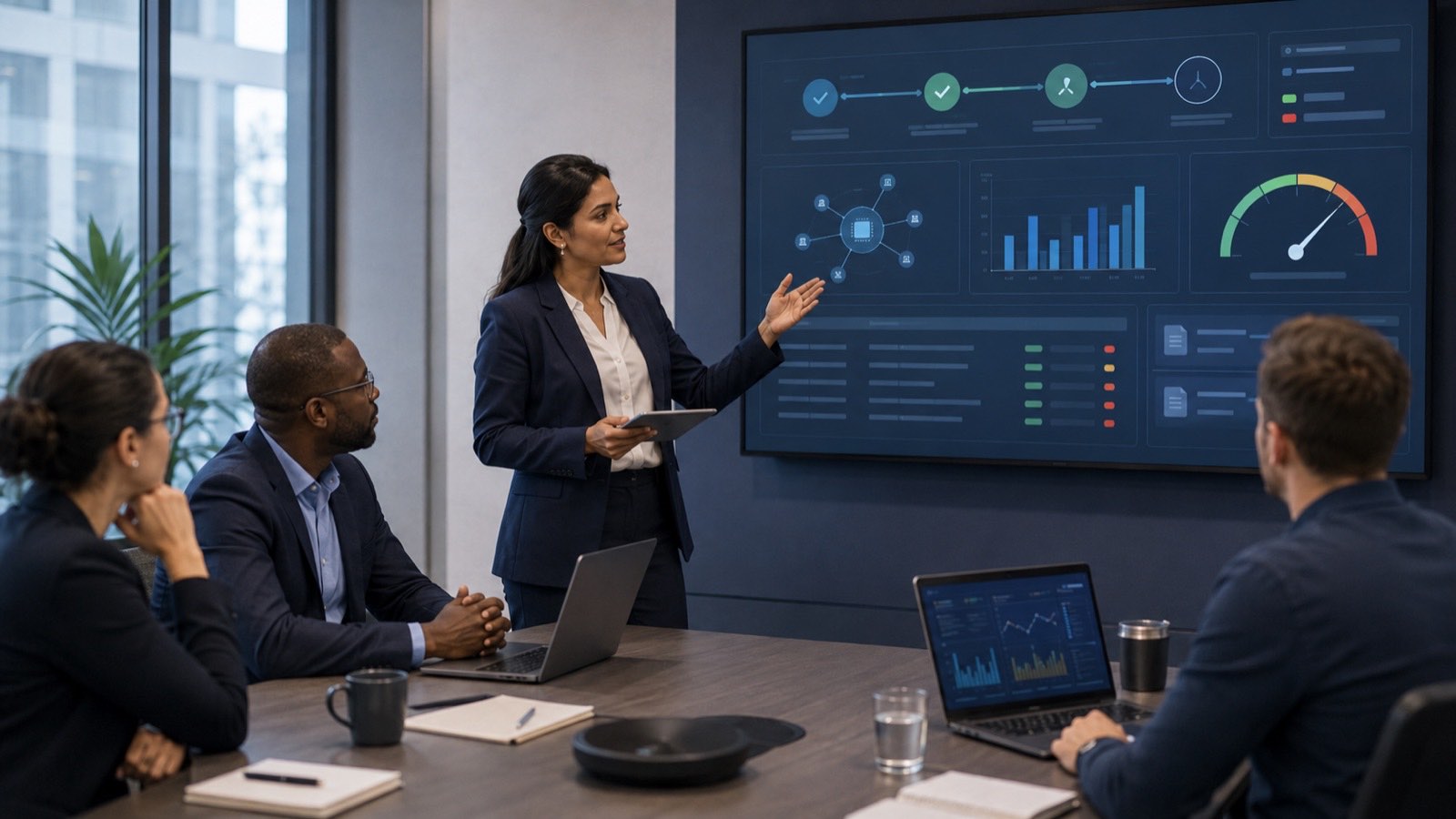 Executive security briefing: outcomes and metrics presented for decision-makers Consultant presenting security performance metrics to executives in a briefing room